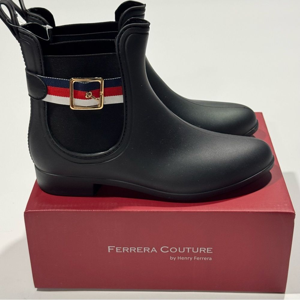 Henry Ferrera Black Rain Chelsea Boots with Red White Blue Webbing
